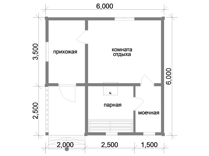 Самый популярный проект каркасной бани 6х6 с прихожей Самый популярный проект каркасной бани 6х6 с прихожей