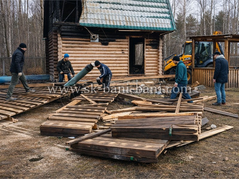 Демонтаж деревянного дома после пожара с вывозом мусора Демонтаж деревянного дома после пожара с вывозом мусора