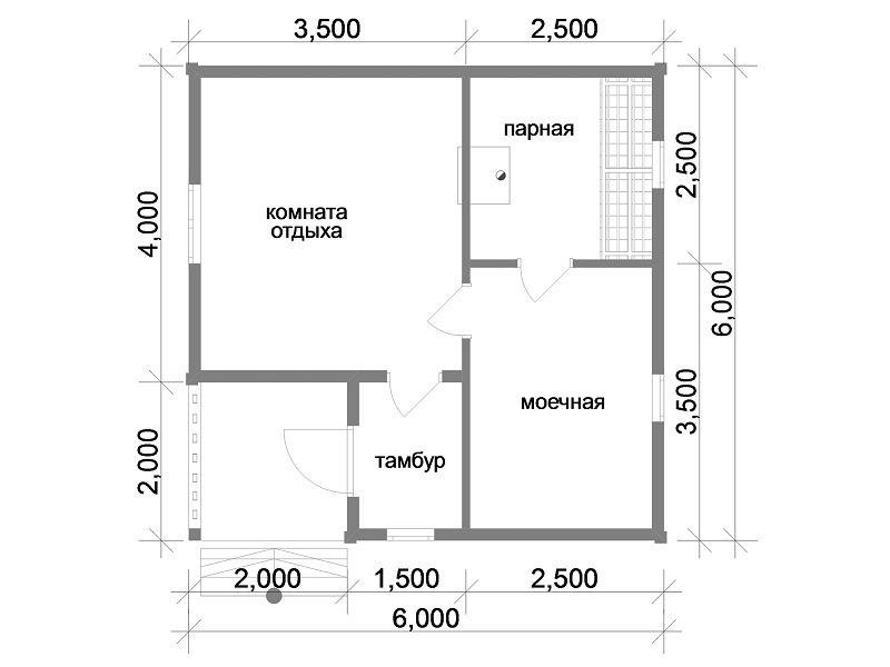 Самый популярный проект каркасной бани 6х6 с тамбуром Самый популярный проект каркасной бани 6х6 с тамбуром